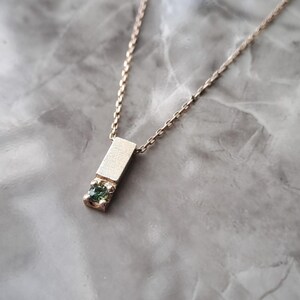 Minimalist Bar Necklace with Gemstone, Vertical Bar Pendant Necklace, Bar pendant In Sterling Silver with Green Sapphire Stone