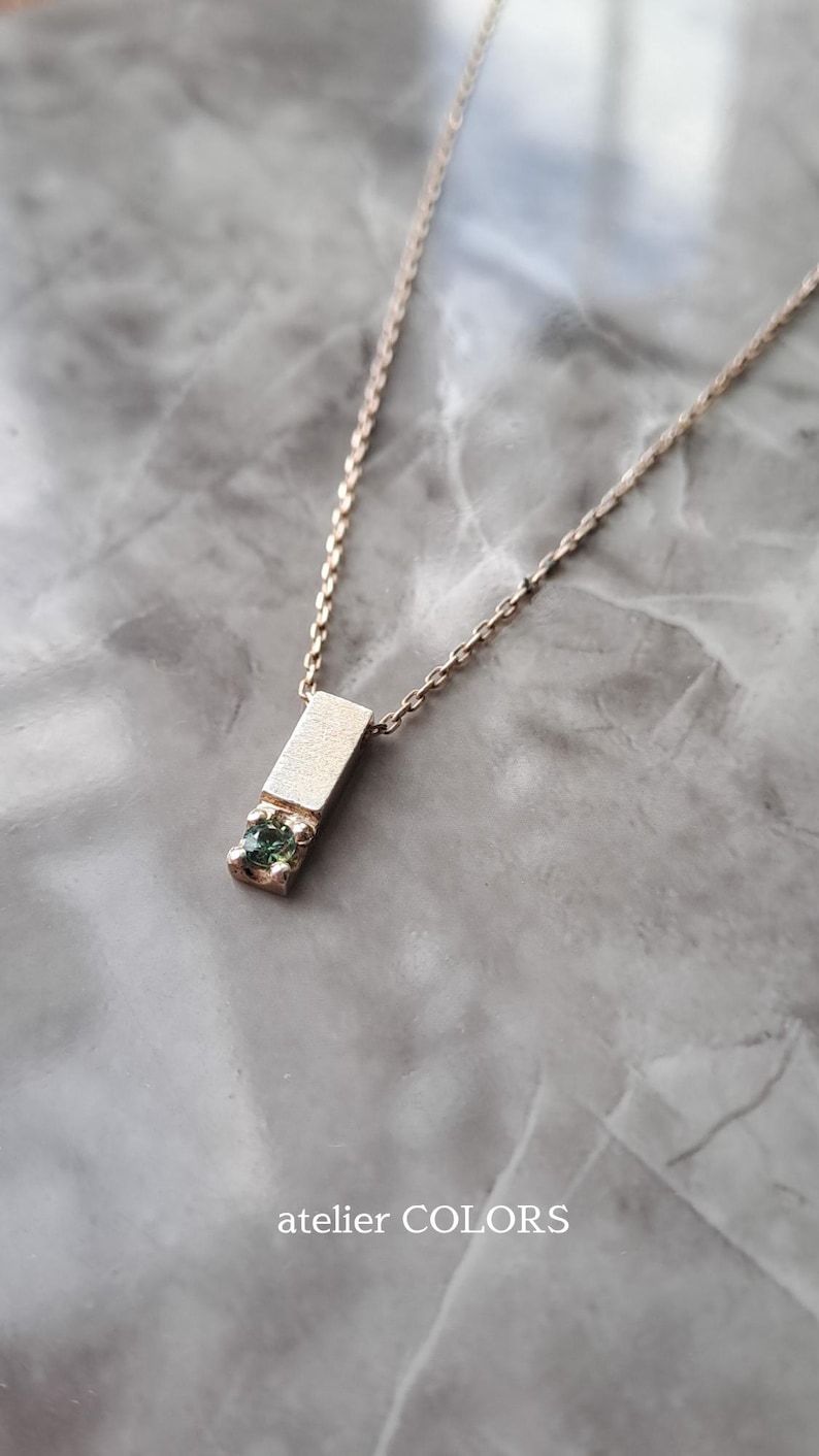 Minimalist Bar Necklace with Gemstone, Vertical Bar Pendant Necklace, Bar pendant In Sterling Silver with Green Sapphire Stone