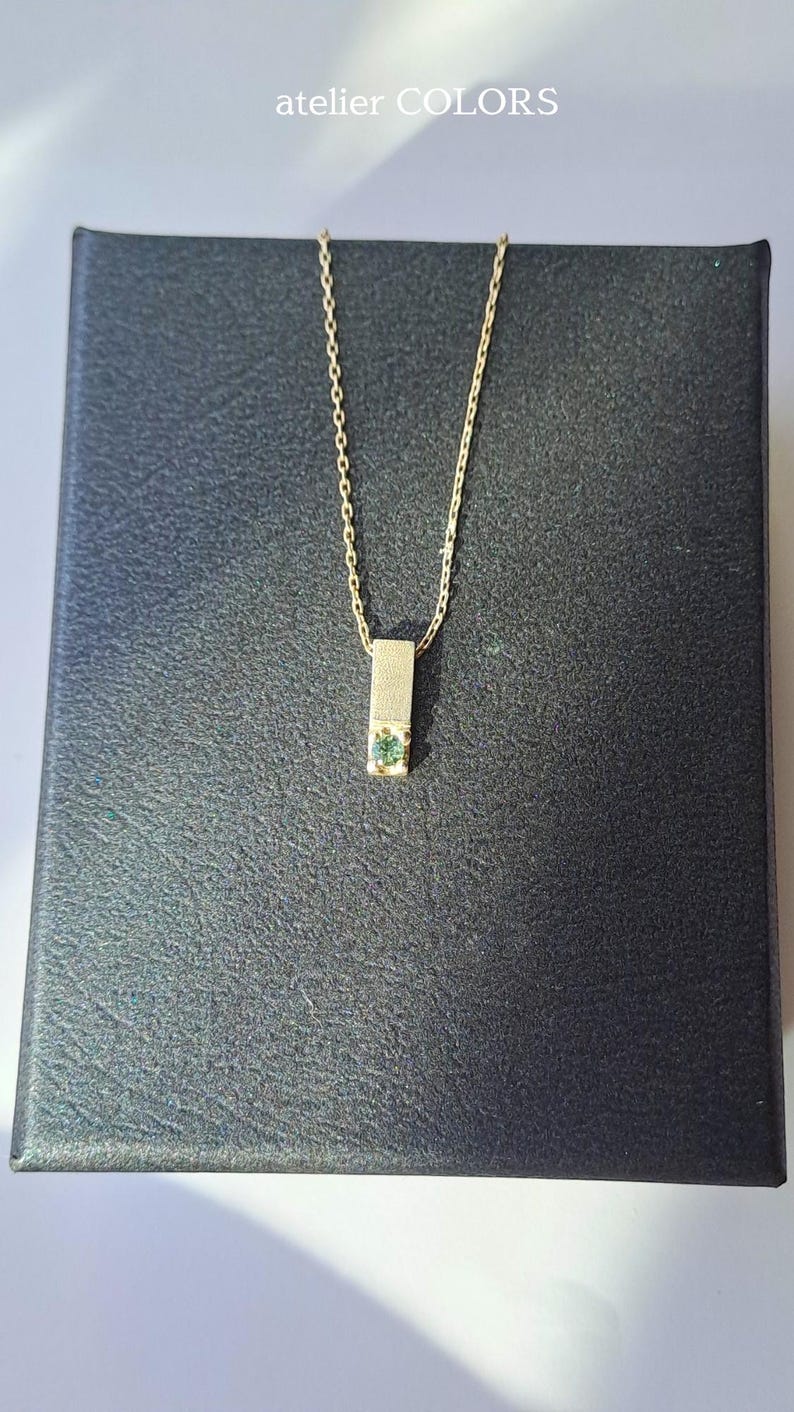 Minimalist Bar Necklace with Gemstone, Vertical Bar Pendant Necklace, Bar pendant In Sterling Silver with Green Sapphire Stone