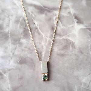 Minimalist Bar Necklace with Gemstone, Vertical Bar Pendant Necklace, Bar pendant In Sterling Silver with Green Sapphire Stone