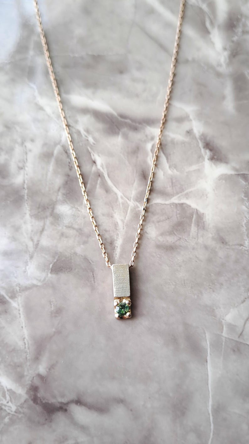 Minimalist Bar Necklace with Gemstone, Vertical Bar Pendant Necklace, Bar pendant In Sterling Silver with Green Sapphire Stone