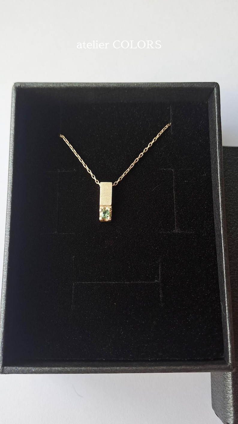 Minimalist Bar Necklace with Gemstone, Vertical Bar Pendant Necklace, Bar pendant In Sterling Silver with Green Sapphire Stone