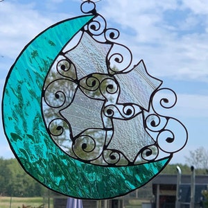 Moon and Stars Suncatcher - Celstial Stained glass suncatcher