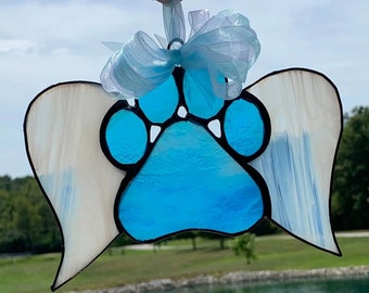 Memorial Stained Glass Paw Print Suncatcher - Dog- Cat-Pet with Angel Wings- Customization available