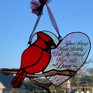 Rush-Red Cardinal Suncatcher - Cardinal with heart suncatcher - Memorial gift- stained glass