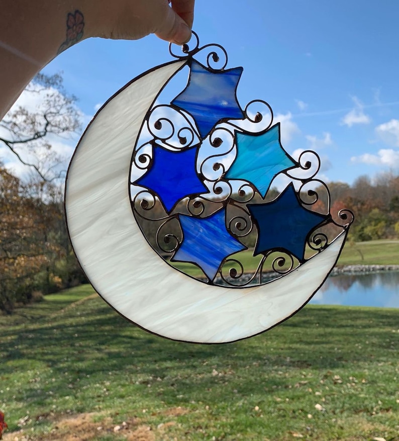 Moon and Stars Suncatcher Celstial Stained Glass Suncatcher Etsy