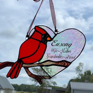 Red Cardinal Suncatcher - Cardinal with heart suncatcher - Memorial gift- stained glass