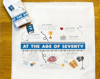 Personalised 70 year old gift pair of handkerchiefs, celebrating achievements of 70 year olds