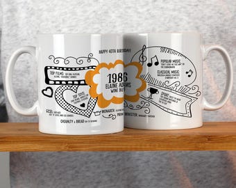 Personalised 40th Birthday Mug – 1986 Year Facts, Custom Name, Nostalgic Keepsake Gift