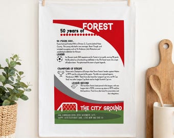 Personalised Nottingham Forest Tea Towel, 50th Birthday Gift for Lifelong Forest Fans