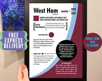 Personalised Season Print birthday Gift For West Ham Fans, Hammers artwork