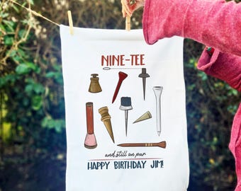 90th Birthday Golf Tea Towel – Personalised “NINE-TEE and Still on Par” Gift