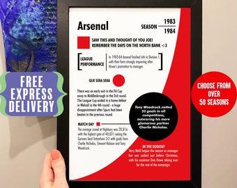 Personalised Season Print birthday Gift For Arsenal Fans, Arsenal artwork