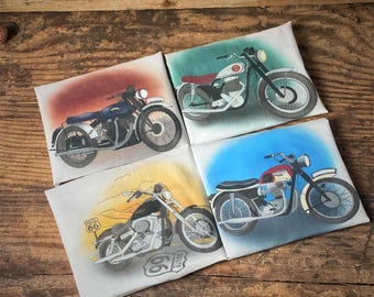 Four Handkerchiefs With Classic Motorbike illustrations, Harley Davidson gift,