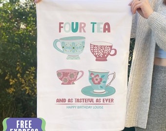 Personalized 40th Birthday Tea Towel: Four Tea Cups Microfibre Gift
