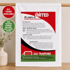 Personalised Manchester United Tea Towel, 70th Birthday Gift for Lifelong Man United Fans
