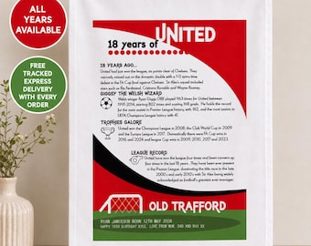 Personalised Manchester United Tea Towel, 70th Birthday Gift for Lifelong Man United Fans
