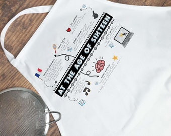 Personalised 16th birthday white apron, celebrating achievements of 16 year olds