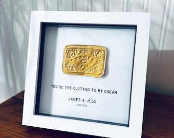 Personalised Anniversary gift art, Framed Romantic Foiled Custard Cream