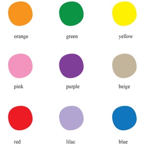 May include: A chart with nine colored circles, each labeled with a different color name: orange, green, yellow, pink, purple, beige, red, lilac, and blue.