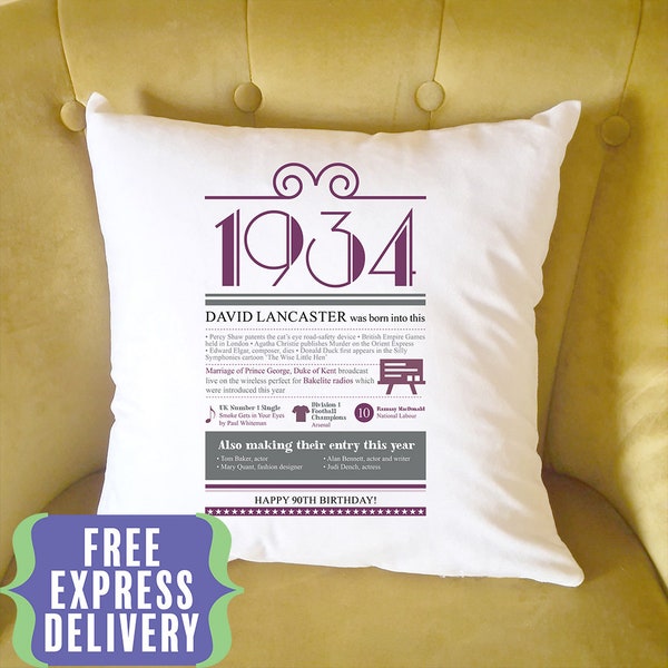 Personalised 90th birthday gift cushion, 1934 fun facts cushion gift