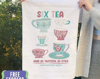 Six Tea Tea Towel 60th Birthday Present, Personalised 60th birthday gift