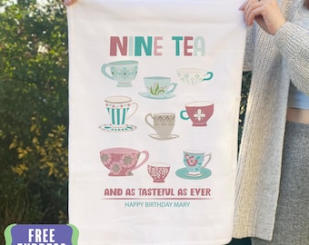 Paño de cocina personalizado para el 90 cumpleaños: Regalo de nueve tazas de té