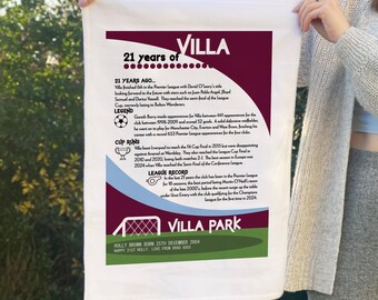 Personalised Aston Villa Tea Towel, 21st Birthday Gift for Lifelong Villa Fans