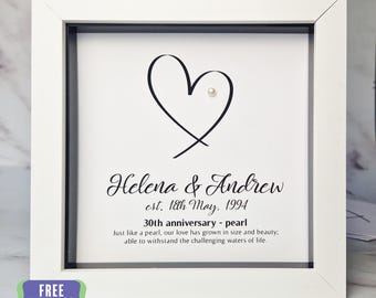 May include: A framed print with a white border features a black heart design with a pearl accent. The names "Helena & Andrew" and the date "est. 18th May, 1994" are below the heart. Text below reads "30th anniversary - pearl".