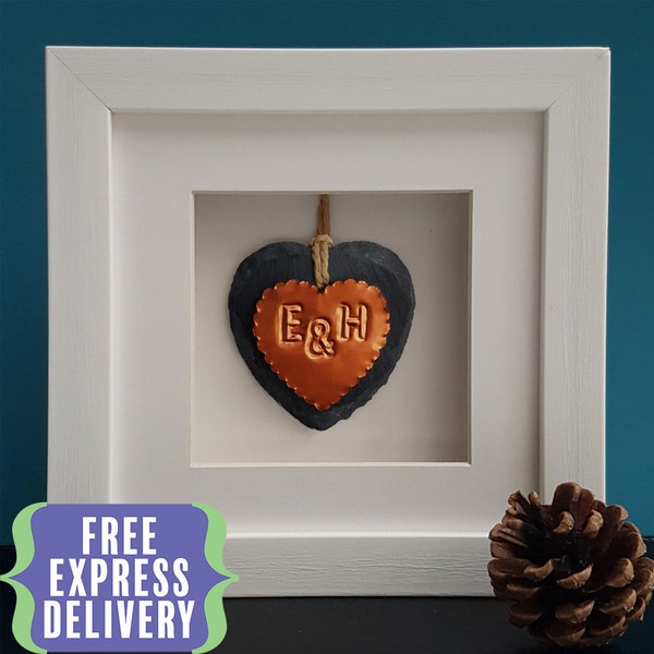 Handmade Copper & Slate Heart Framed Ornament, personalised 7th wedding anniversary gift
