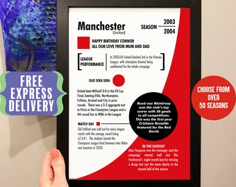 Personalised Season Print birthday Gift For Manchester United Fans, Man United artwork