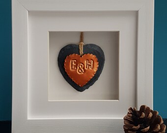 Handmade Copper & Slate Heart Framed Ornament, personalised 7th wedding anniversary gift