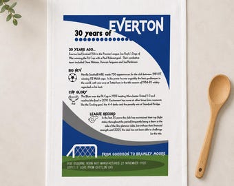 Personalised Everton Tea Towel, 30th Birthday Gift for Lifelong Blues Fans