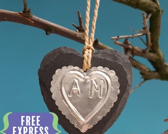 Personalized Slate Heart Ornament, Silver Anniversary Gift