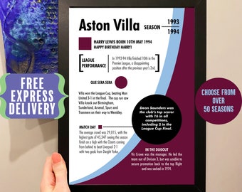 Personalised Season Print birthday Gift For Aston Villa Fans, Aston Villa artwork