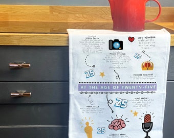 Personalised 25th birthday tea towel, celebrating achievements of 25 year olds