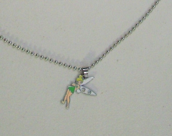 New Disney Tinkerbell Fairy Enamel Charm 24" Ball Chain Necklace, Stainless Steel, Faux Stones