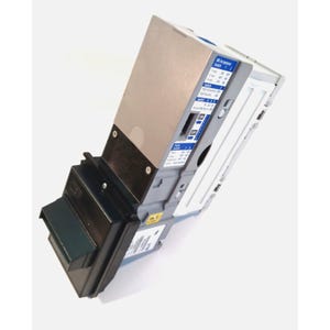 May include: A grey and black bill validator device featuring a metallic top plate, a black front-facing intake slot, and a blue label with white text detailing Bill Acceptance Switch settings, including 1-way, 2-way, and 4-way configuration options.