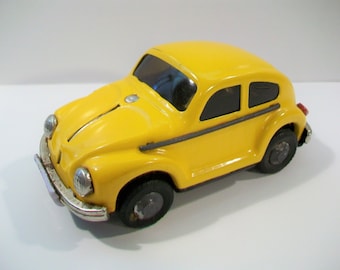 Vintage 5" Voiture Tin Friction Volkswagen VW Beetle Bug Car, Yellow Bug