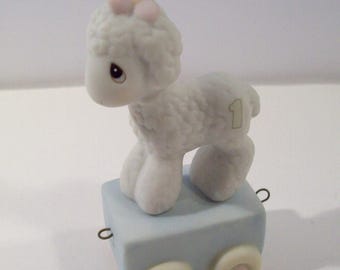 1985 Precious Moments Birthday Train 1 Year Lamb Porcelain Figurine, Enesco, 15946