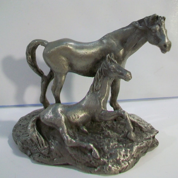 Mother Horse & Foal Colt Pewter Figurine, Mare Baby Horse