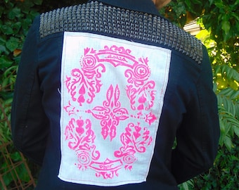 Upcycled Black Denim Jacket - Hand Studded - Original "Speak" Design - Screenprinted Patch