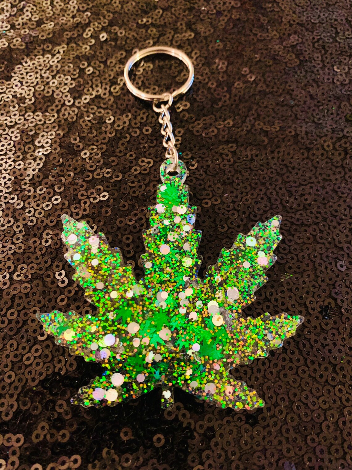 Green Glitter Marijuana Leaf Resin Keychain Etsy
