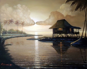 May include: A painting of a tropical scene with a hut on stilts over the water. The hut has a thatched roof and a light on inside. There are palm trees in the background and a cloudy sky.