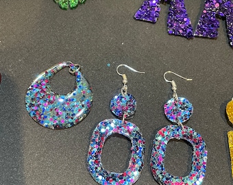 Resin Purple Blue Glitter Drop Earrings with matching Pendant