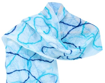 Felted Merino Wool Scarf – Handmade Silk Scarf, Water Blue Design