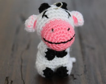 Crochet Cow Calf Keychain, Amigurumi Handmade Good Luck Bag Charm Gift and Travelling Companion Bag Tag