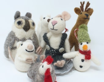 Felt Wool Christmas Ornament - Classic Animal Felt Christmas Tree Mouse on Sled - Ecofriendly Fair Trade Certified Collection (7pcs)