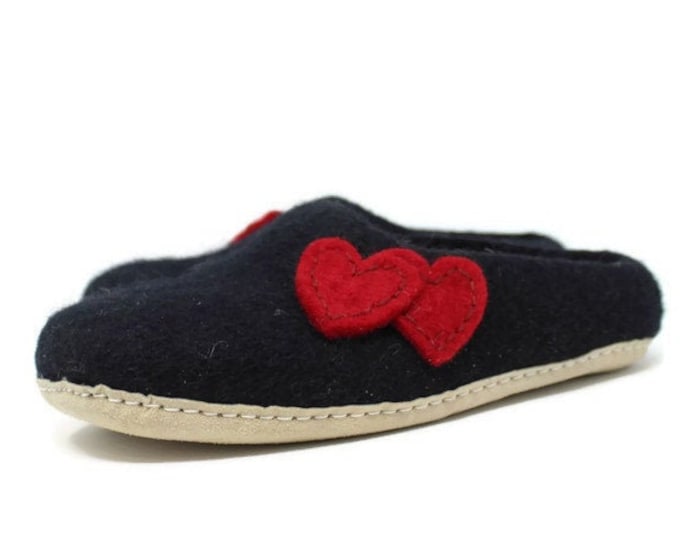 Felted Wool Heart Embellished Women’s Black Slippers | Gift for Her | Sheep Wool Slippers | Women’s Slippers | Home Shoes | House Shoes