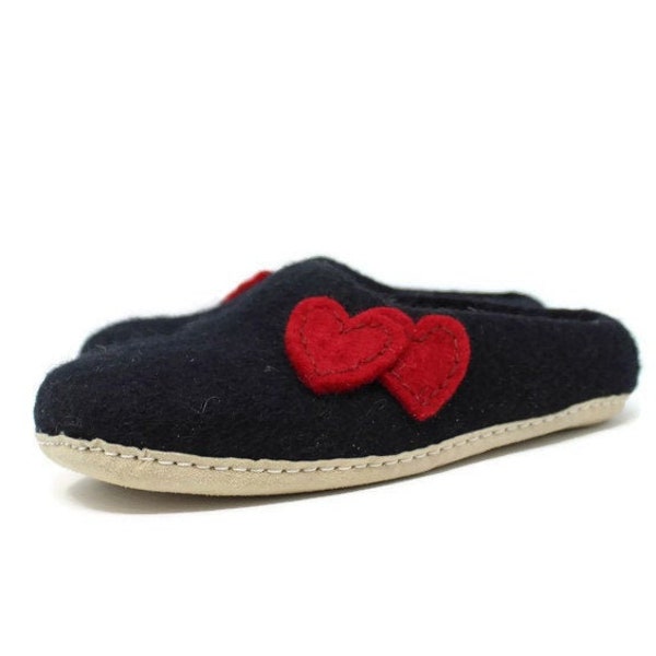Felted Wool Heart Embellished Women’s Black Slippers | Gift for Her | Sheep Wool Slippers | Women’s Slippers | Home Shoes | House Shoes
